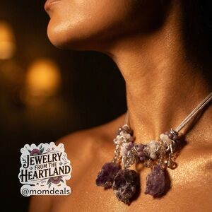 Chunky Raw Amethyst Necklace Three Large Pendants & Crystal Glass Round Beads